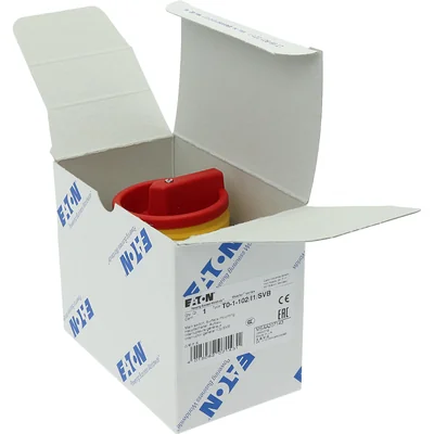 T0-1-102/I1/SVB On-Off switch, 2 pole, 20 A, 90 °, in IP65 housing, red-yellow knob with padlock