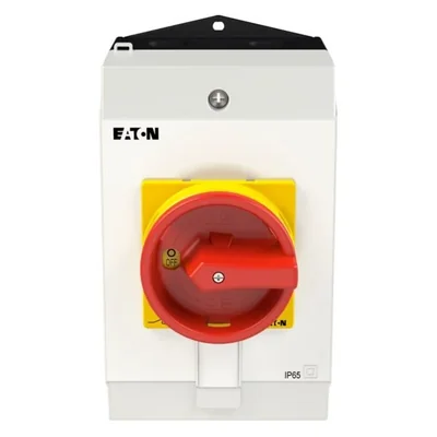 T0-2-15679/I2H/MBS/SVB Main switch, 3 pole + 1 NO, 20A, emergency stop function, padlockable in the Off position, 90°, in hardened glass enclosure, with MBS screening plate, red-yellow knob with padlockable function