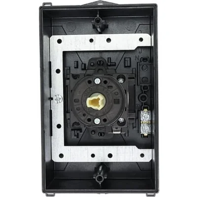 T0-2-15679/I2H/MBS/SVB Main switch, 3 pole + 1 NO, 20A, emergency stop function, padlockable in the Off position, 90°, in hardened glass enclosure, with MBS screening plate, red-yellow knob with padlockable function