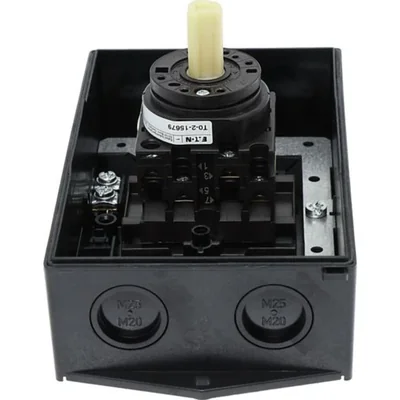 T0-2-15679/I2H/MBS/SVB Main switch, 3 pole + 1 NO, 20A, emergency stop function, padlockable in the Off position, 90°, in hardened glass enclosure, with MBS screening plate, red-yellow knob with padlockable function