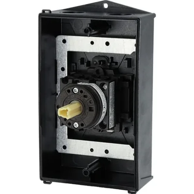 T0-2-15679/I2H/MBS/SVB Main switch, 3 pole + 1 NO, 20A, emergency stop function, padlockable in the Off position, 90°, in hardened glass enclosure, with MBS screening plate, red-yellow knob with padlockable function