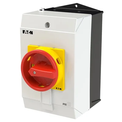 T0-2-15679/I2H/MBS/SVB Main switch, 3 pole + 1 NO, 20A, emergency stop function, padlockable in the Off position, 90°, in hardened glass enclosure, with MBS screening plate, red-yellow knob with padlockable function