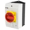 T0-2-15679/I2H/MBS/SVB Main switch, 3 pole + 1 NO, 20A, emergency stop function, padlockable in the Off position, 90°, in hardened glass enclosure, with MBS screening plate, red-yellow knob with padlockable function