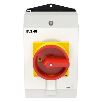 T0-2-15679/I2H/MBS/SVB Main switch, 3 pole + 1 NO, 20A, emergency stop function, padlockable in the Off position, 90°, in hardened glass enclosure, with MBS screening plate, red-yellow knob with padlockable function