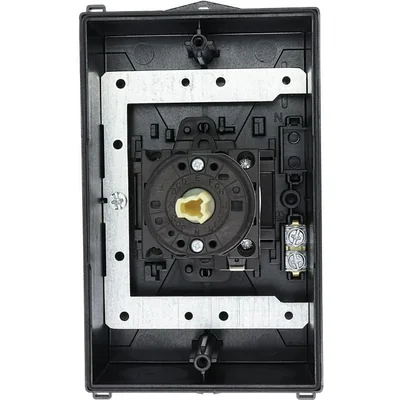 T0-2-15679/I2H/MBS/SVB Main switch, 3 pole + 1 NO, 20A, emergency stop function, padlockable in the Off position, 90°, in hardened glass enclosure, with MBS screening plate, red-yellow knob with padlockable function