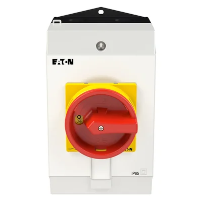 T0-2-15679/I2H/MBS/SVB Main switch, 3 pole + 1 NO, 20A, emergency stop function, padlockable in the Off position, 90°, in hardened glass enclosure, with MBS screening plate, red-yellow knob with padlockable function