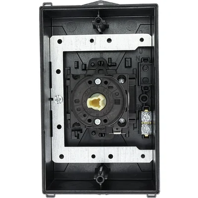T0-2-15679/I2H/MBS/SVB Main switch, 3 pole + 1 NO, 20A, emergency stop function, padlockable in the Off position, 90°, in hardened glass enclosure, with MBS screening plate, red-yellow knob with padlockable function