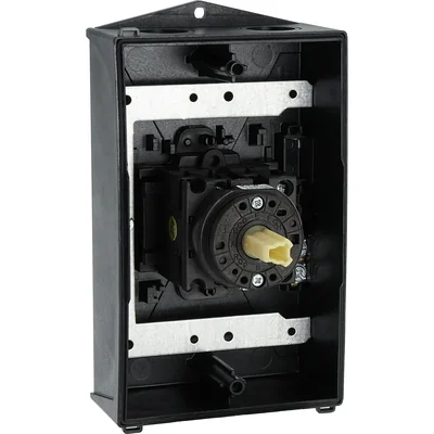 T0-2-15679/I2H/MBS/SVB Main switch, 3 pole + 1 NO, 20A, emergency stop function, padlockable in the Off position, 90°, in hardened glass enclosure, with MBS screening plate, red-yellow knob with padlockable function