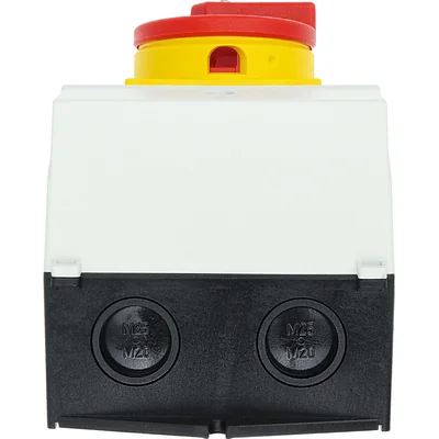 T0-2-15679/I2H/MBS/SVB Main switch, 3 pole + 1 NO, 20A, emergency stop function, padlockable in the Off position, 90°, in hardened glass enclosure, with MBS screening plate, red-yellow knob with padlockable function