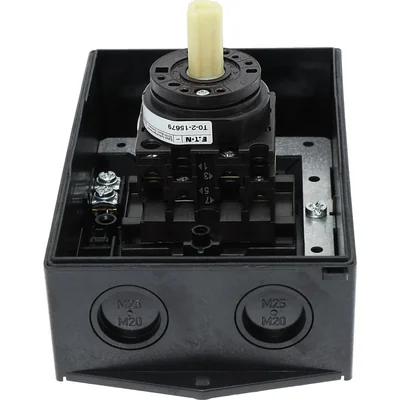 T0-2-15679/I2H/MBS/SVB Main switch, 3 pole + 1 NO, 20A, emergency stop function, padlockable in the Off position, 90°, in hardened glass enclosure, with MBS screening plate, red-yellow knob with padlockable function