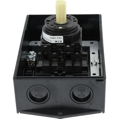 T0-2-15679/I2H/MBS/SVB Main switch, 3 pole + 1 NO, 20A, emergency stop function, padlockable in the Off position, 90°, in hardened glass enclosure, with MBS screening plate, red-yellow knob with padlockable function