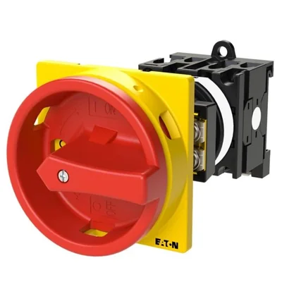 T0-2-15679/V/SVB Main switch, 3 pole + 1 NO, 20 A, emergency stop function, 90°, padlockable in the Off position, remote mounting, red/yellow handle with padlockable function