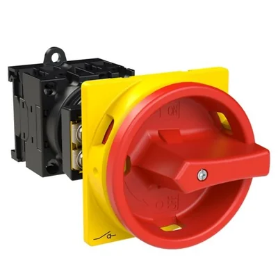 T0-2-15679/V/SVB Main switch, 3 pole + 1 NO, 20 A, emergency stop function, 90°, padlockable in the Off position, remote mounting, red/yellow handle with padlockable function
