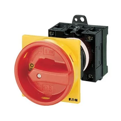 T0-2-15679/V/SVB Main switch, 3 pole + 1 NO, 20 A, emergency stop function, 90°, padlockable in the Off position, remote mounting, red/yellow handle with padlockable function