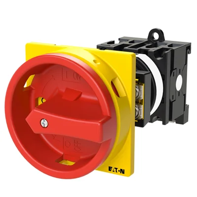 T0-2-15679/V/SVB Main switch, 3 pole + 1 NO, 20 A, emergency stop function, 90°, padlockable in the Off position, remote mounting, red/yellow handle with padlockable function