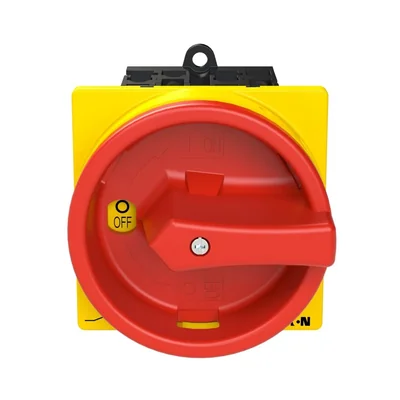 T0-2-15679/V/SVB Main switch, 3 pole + 1 NO, 20 A, emergency stop function, 90°, padlockable in the Off position, remote mounting, red/yellow handle with padlockable function