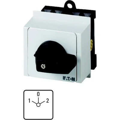 T0-2-8400/IVS Reversing switch, Contacts: 4, 20 A, nameplate: 1-0-2, 45 °, latching, TH rail mounting, black knob, non-locking