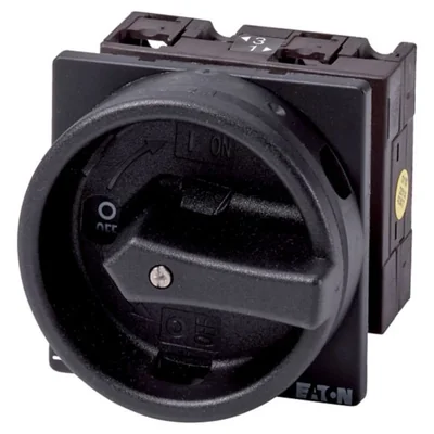 T3-1-102/EA/SVB-SW Main switch, 2 pole, 32 A, emergency stop function, 90°, padlockable in the Off position, surface mounting, black knob with padlockable function
