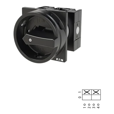 T3-1-102/EA/SVB-SW Main switch, 2 pole, 32 A, emergency stop function, 90°, padlockable in the Off position, surface mounting, black knob with padlockable function