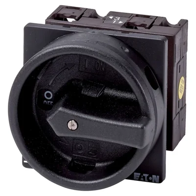 T3-1-102/EA/SVB-SW Main switch, 2 pole, 32 A, emergency stop function, 90°, padlockable in the Off position, surface mounting, black knob with padlockable function