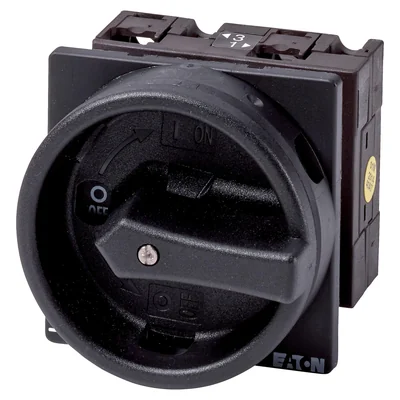 T3-1-102/EA/SVB-SW Main switch, 2 pole, 32 A, emergency stop function, 90°, padlockable in the Off position, surface mounting, black knob with padlockable function