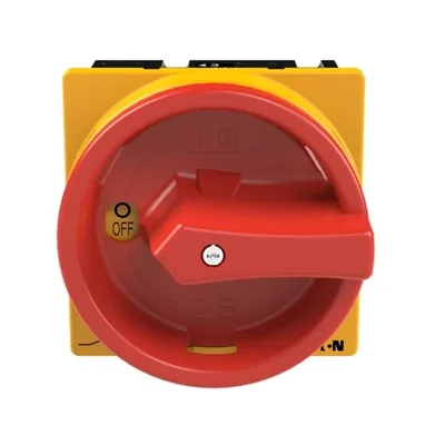T3-1-8200/EA/SVB Main switch, 1 pole, 32 A, emergency stop function, 90°, padlockable in the Off position, surface mounting, red/yellow knob with padlockable function