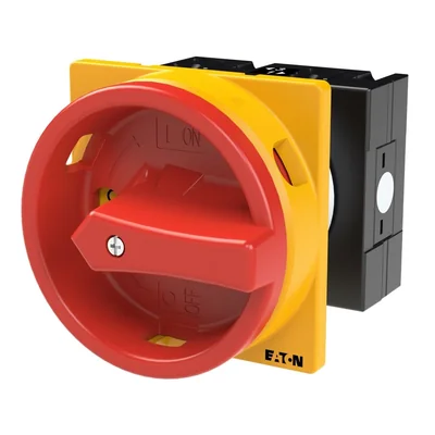 T3-1-8200/EA/SVB Main switch, 1 pole, 32 A, emergency stop function, 90°, padlockable in the Off position, surface mounting, red/yellow knob with padlockable function