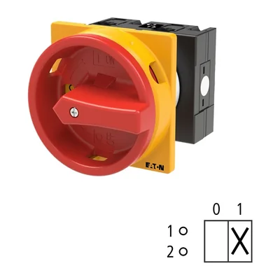 T3-1-8200/EA/SVB Main switch, 1 pole, 32 A, emergency stop function, 90°, padlockable in the Off position, surface mounting, red/yellow knob with padlockable function