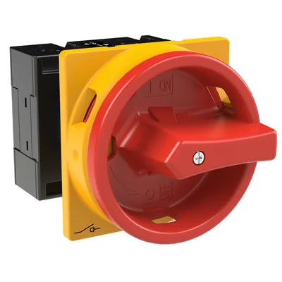 T3-1-8200/EA/SVB Main switch, 1 pole, 32 A, emergency stop function, 90°, padlockable in the Off position, surface mounting, red/yellow knob with padlockable function