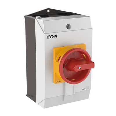 T3-1-8200/I2/SVB On-Off switch, Contacts: 2, 32A, nameplate: 0-1, 90°, latching, in IP65 housing, red-yellow knob with padlock
