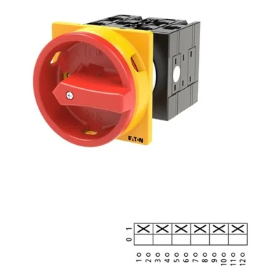 T3-3-8342/EA/SVB Main switch, 6 pole, 32 A, emergency stop function, 90°, padlockable in the Off position, surface mounting, red/yellow knob with padlockable function