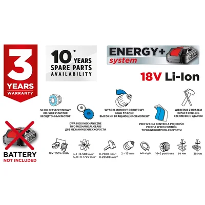 Taladro inalámbrico sin escobillas con percusión Energy+ 18V, Li-Ion, 13 mm, sin batería.