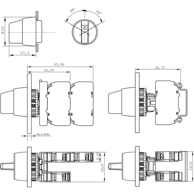 Three-position rotary switch black with a key 2 NO contacts nickel-plated ring