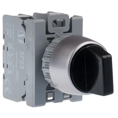 Three-position switch, knob 22mm black, 2 NO contacts with spring return