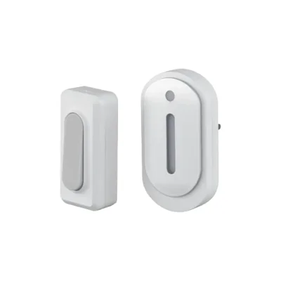 Timbre inalámbrico, transmisor piezoeléctrico (alimentado sin pilas), receptor alimentado por red eléctrica.