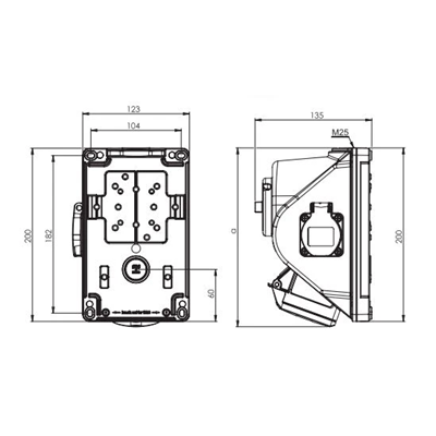 Toma con interruptor "COMBO-POL" IP44 32A 400V 3P+Z toma 230V, apagado 0-1