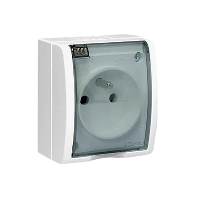 Toma de corriente con toma de tierra, resistente a salpicaduras IP54, tapa transparente, 16 A, 250 V, terminales de tornillo, blanco