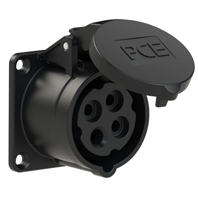 Toma de panel recta 16A 3P+Z 500V 50/60Hz 7h IP44, brida 65X65, distancia entre tornillos 52X52