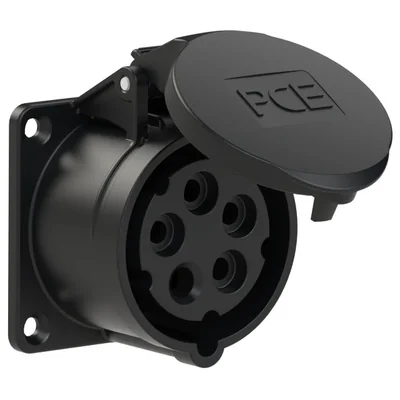 Toma de panel recta 16A 3P+Z+N 500V 50/60Hz 7h IP44, brida 70X70, distancia entre tornillos 56X56