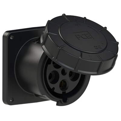 Toma de panel recta POWER TWIST 125A 3P+Z+N 400V 50/60Hz 6h IP66/67, brida 120X120, distancia entre tornillos 100X100, serie MIDNIGHT