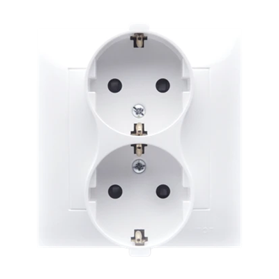 Toma Schuko con doble persiana, 16A, 250V, terminales de tornillo, blanco