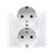 Toma Schuko con doble persiana, 16A, 250V, terminales de tornillo, blanco