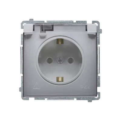 Toma Schuko Simon Basic WMBW-53111x-J011 para IP44 con obturadores (módulo) 16A, 250V~, terminales de tornillo; acero inoxidable. Tapa transparente.