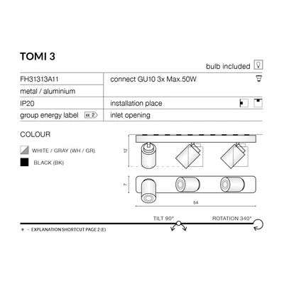 TOMI 3 Lampa ścienno-sufitowa czarna