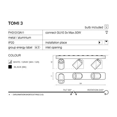 TOMI 3 Wand- und Deckenleuchte schwarz