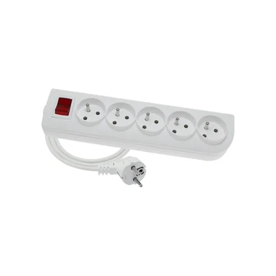 Tragbares 5-fach-Verlängerungskabel, 5x2P+Z, weiß, mit beleuchtetem Schalter, 250 V~/16 A, 3x1,5 mm² PVC, 10 m, mit geformtem, abgewinkeltem UNISCHUKO-Stecker und Befestigungslöchern, Classic PSN-5010W-1.5