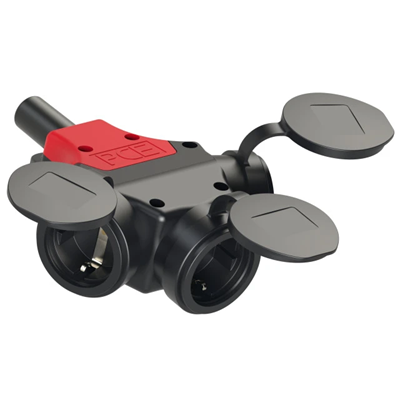 Triple schuko rubber socket with a plug 16A 2P+E 230V IP44, 5-pole input terminal