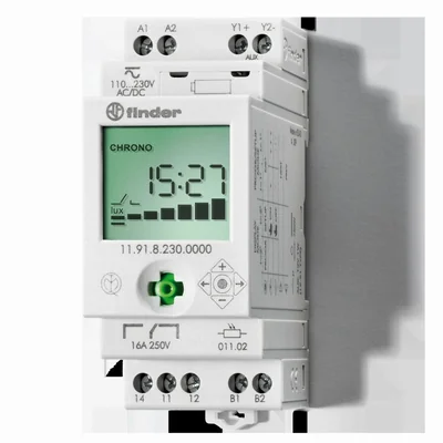 Twilight modular relay with a sensor with a daily clock 1P + auxiliary output 16A 230V AC 1-150lx IP20/IP54