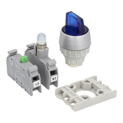 Two-position twist switch red 1 NO contact 1 NC contact illuminated 24V nickel-plated ring