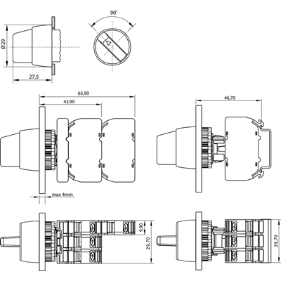 Two-position twist switch red 1 NO contact 1 NC contact illuminated 24V nickel-plated ring